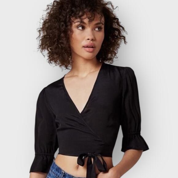 Reformation Finley XS Black Ruffle Wrap Top Cropped V-Neck Feminine French Girl - Picture 3 of 9